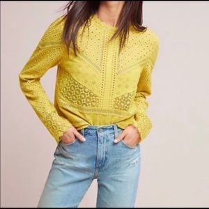 anthropologie james coviello yellow boho eyelet lace long sleeve blouse